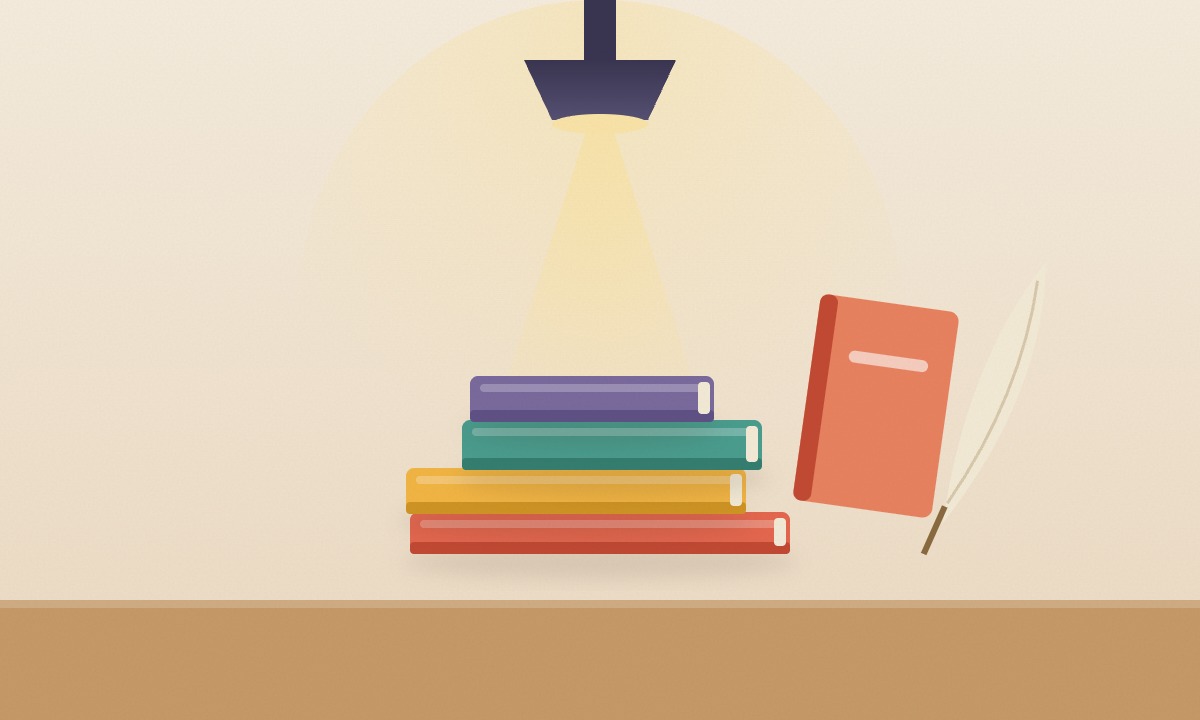 A lit reading lamp over a stack of coloured books and a quill