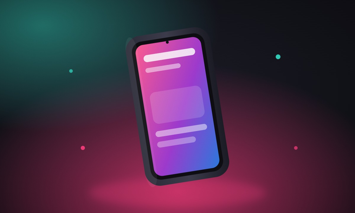 A phone glowing on a dark stage under pink and cyan light
